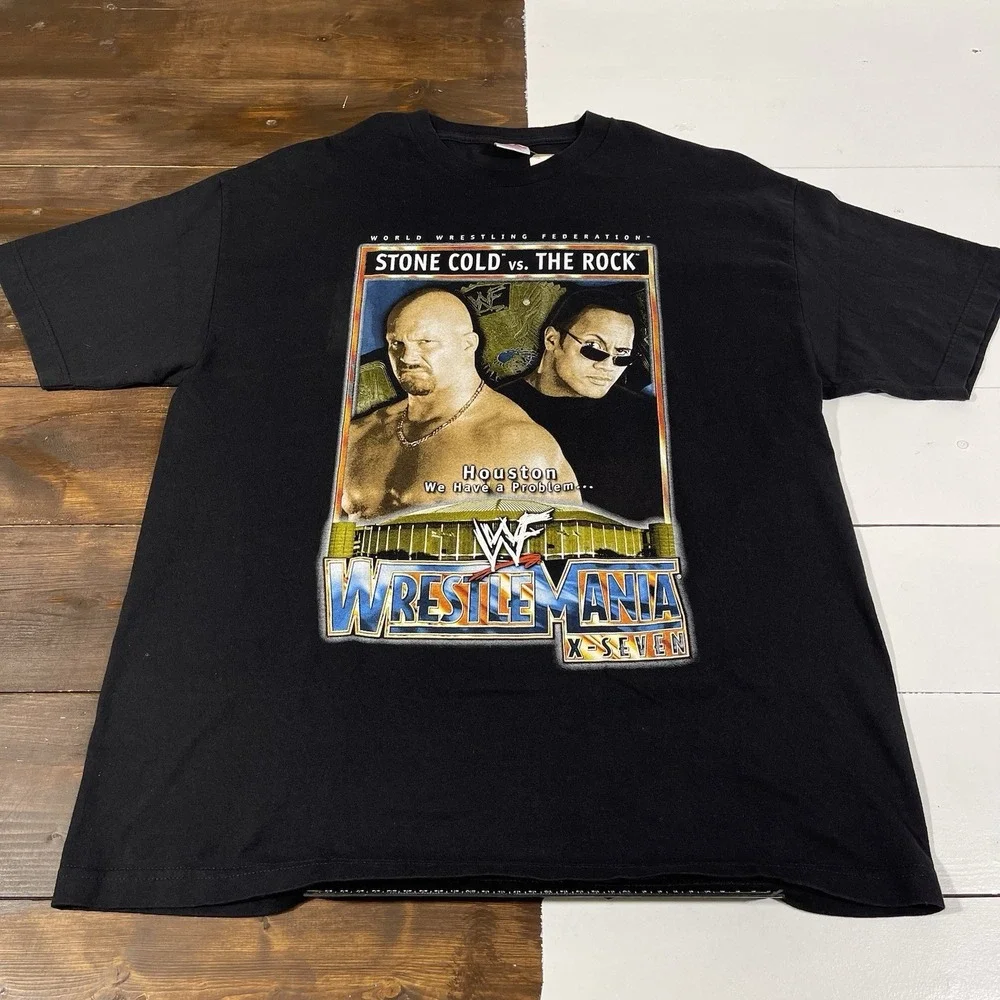 Vintage Wrestlemania 17 Stone Cold Vs The Rock T-Shirt Size XL Black WWF WWE‎